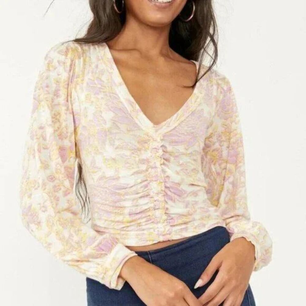 Free People Say The Word Cropped Blouse Top Floral Print Ruched Ruffle S 263805